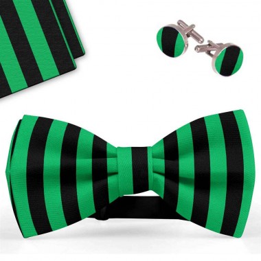Set papion barbati, batista, butoni, verde-negru, dungi late verticale